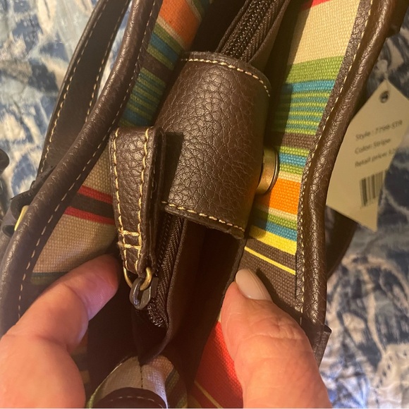 CARIBBEAN JOE (NWT) brown leather & multicolor striped canvas shoulder bag CUTE! - Picture 5 of 10